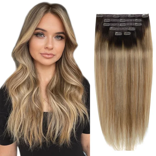Imagen 2 del producto Extensiones de cabello con Clip BHF, cabello humano liso Remy, extensiones de cabello Natural negro, marrón claro, miel, ombré, con Clips, 70g