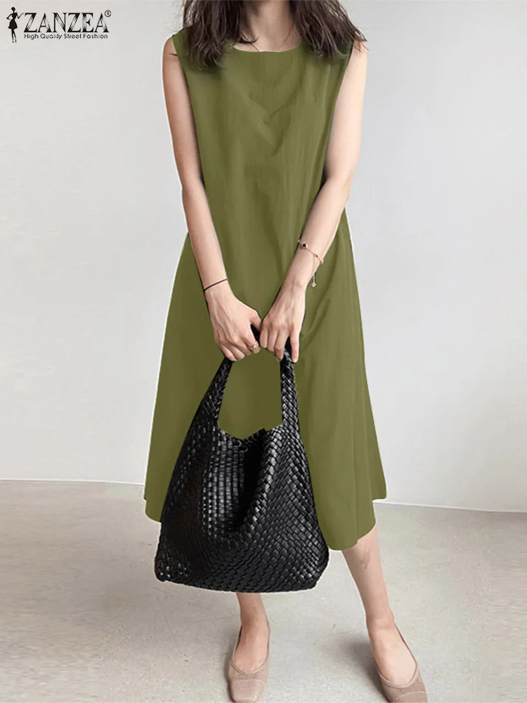 ZANZEA-Robe d'été élégante en coton solide pour femmes, robes d'été décontractées, robe de soirée au genou, robe éducative