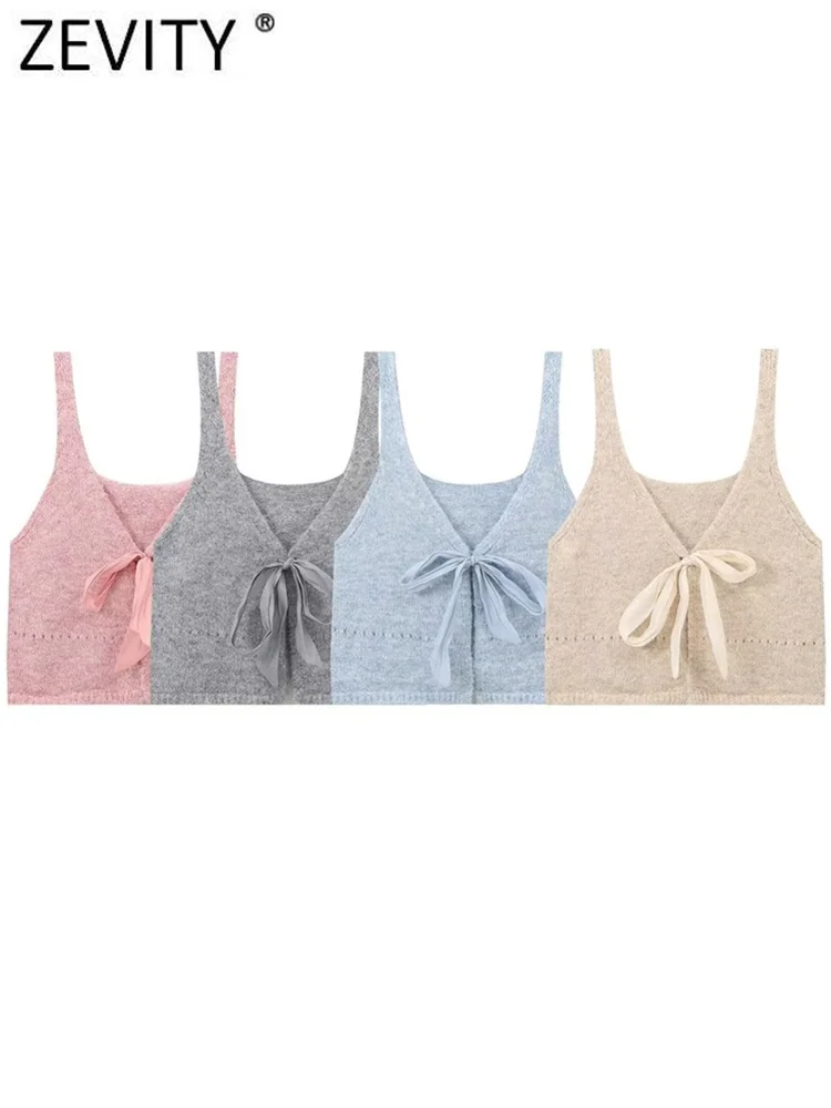 Zevity 2024 Women Sweet V Neck Candy Color Ribbon Knitting Vest Jacket Lady Short Sling WaistCoat Crop Tops CT7109