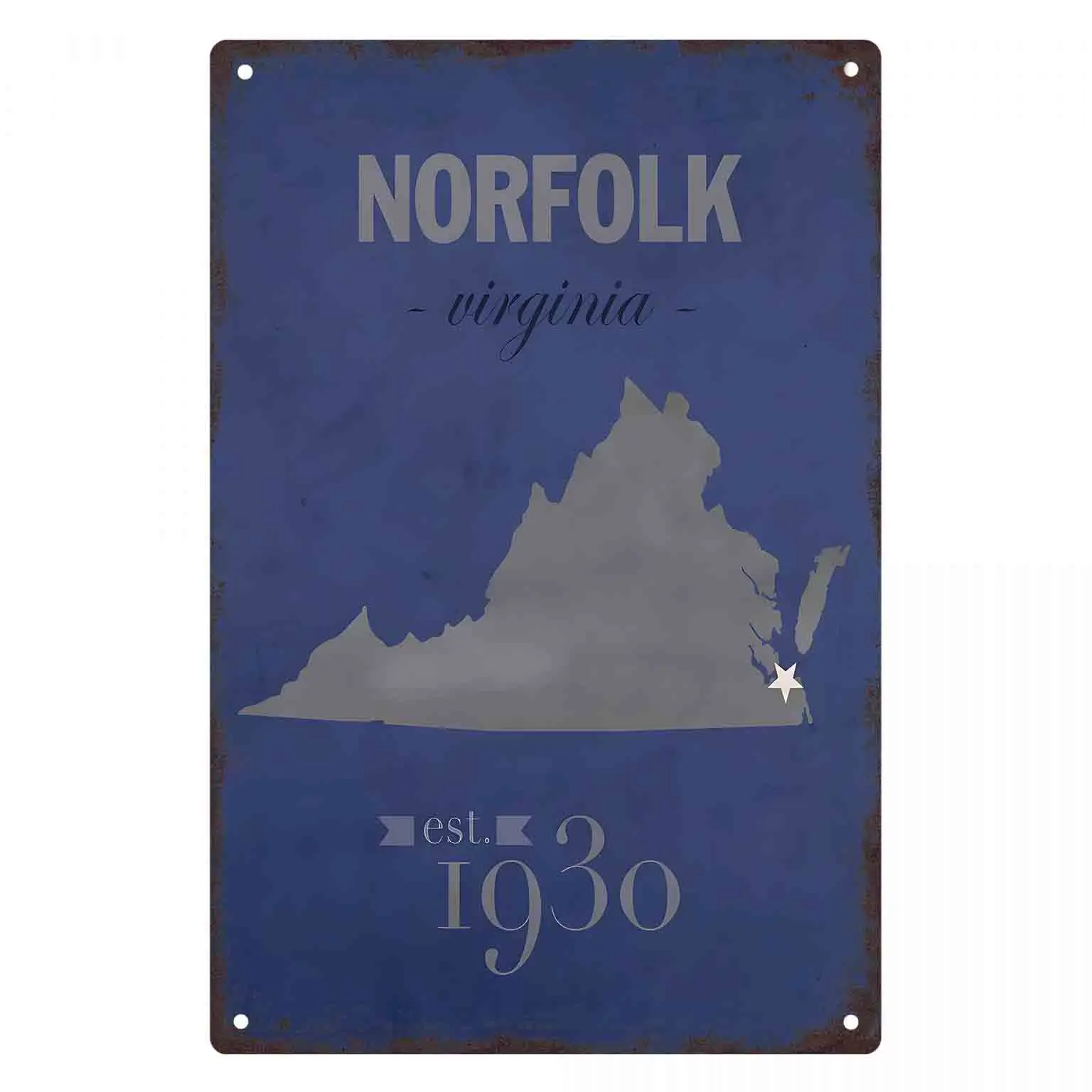 2D FLAT 1pc Norfolk Virginia Map Est 1930 Metal Wall Sign Decoration for Home Cafe Garage Bedroom Porch And Garden