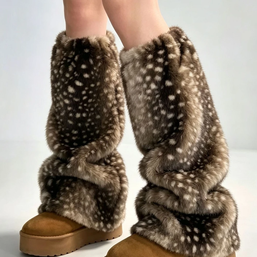 Winter Elk Pattern Subculture Y2K Plush Leg Warmers Cute Japanese Christmas Leg Warmers Warm Stage Performance Leg Warmers