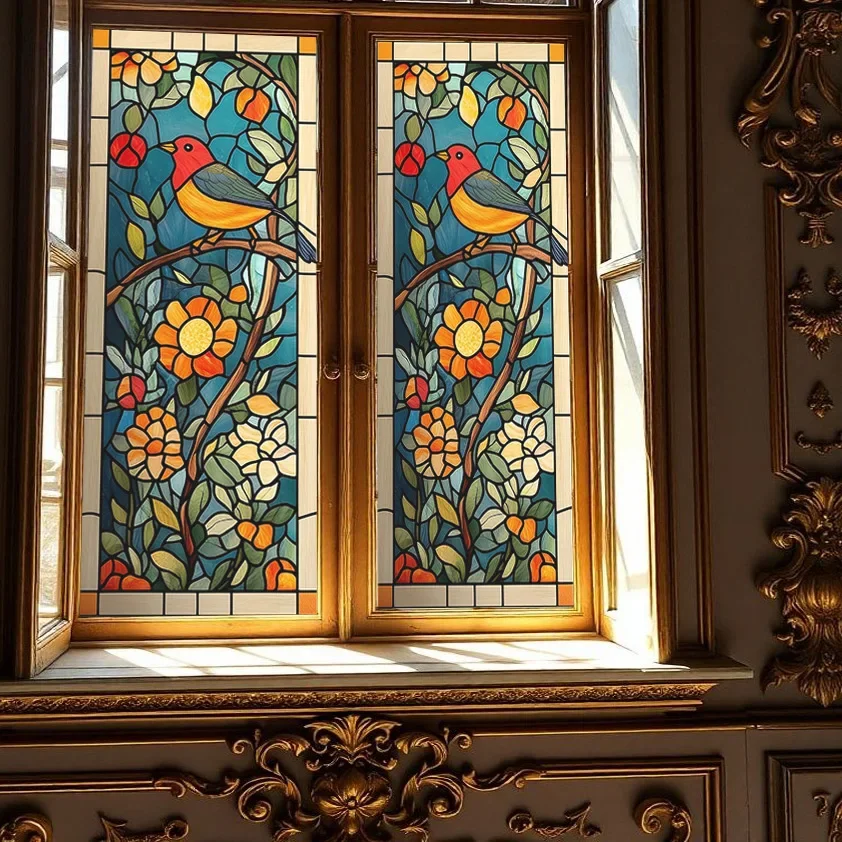 European Imitation Art Glass Film, Painted Flowers and Birds,Electrostatic Frosting,Art Painting,, Window Film, Stained Glass