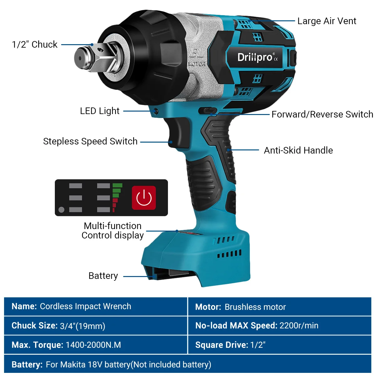 Drillpro 2000N.M Torque Brushless Impact Wrench 1/2 inch Electric Cordless Driver  Car Repair Power Tools For Makita 18V Battery