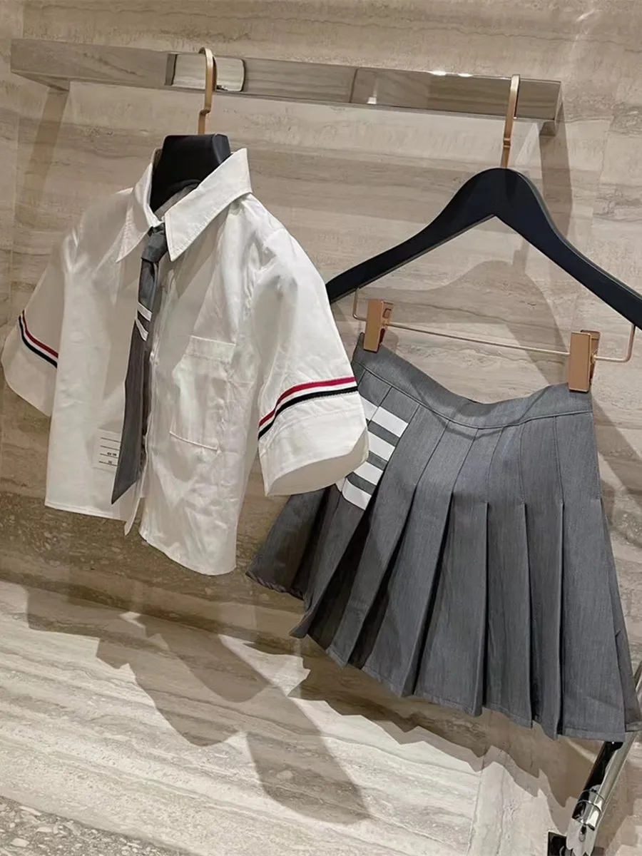 

Thombraden Short Sleeve Shirt Set High Waist Pleated Slimming Stripe Design Sense Tie College Style Four Bar Fashion Ensemble