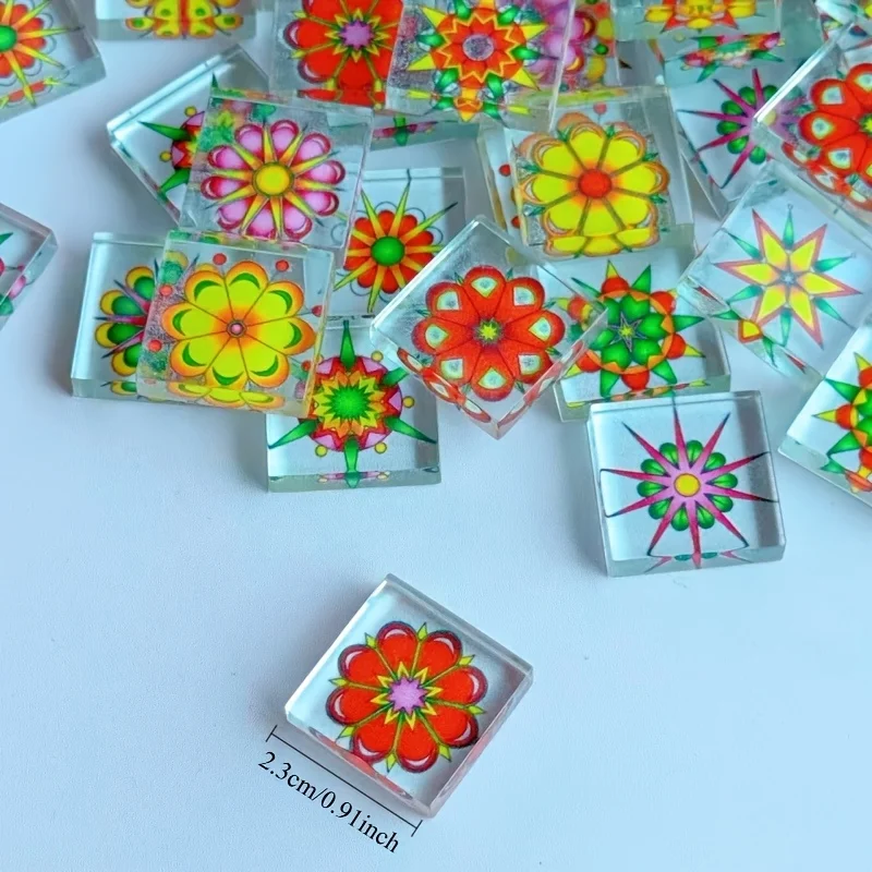 100/200g Transparent Glass Mosaic Material, 2.3*2.3cm Colorful Printed Mosaic Glass Pieces, Suitable for DIY Handmade Candle Holders, Coasters, Photo Frame Inlay Materials, Artistic Handmade Glass Squares, for Craft Enthusiasts, and Handmade Materials for Creative Workshops