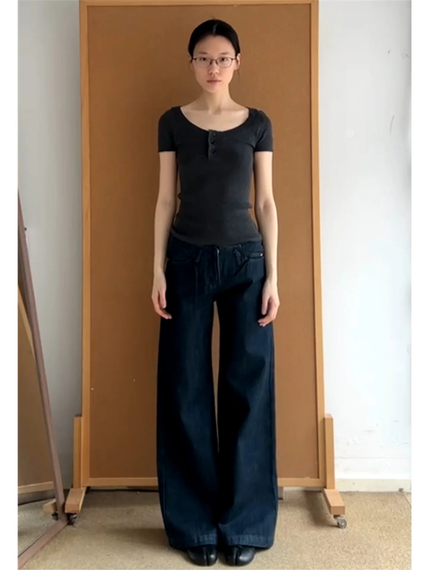 

American Style Low Waist Straight Leg Jeans Women's Loose Slimming Extended Length Wide Leg Pants Comfortable Cotton Material