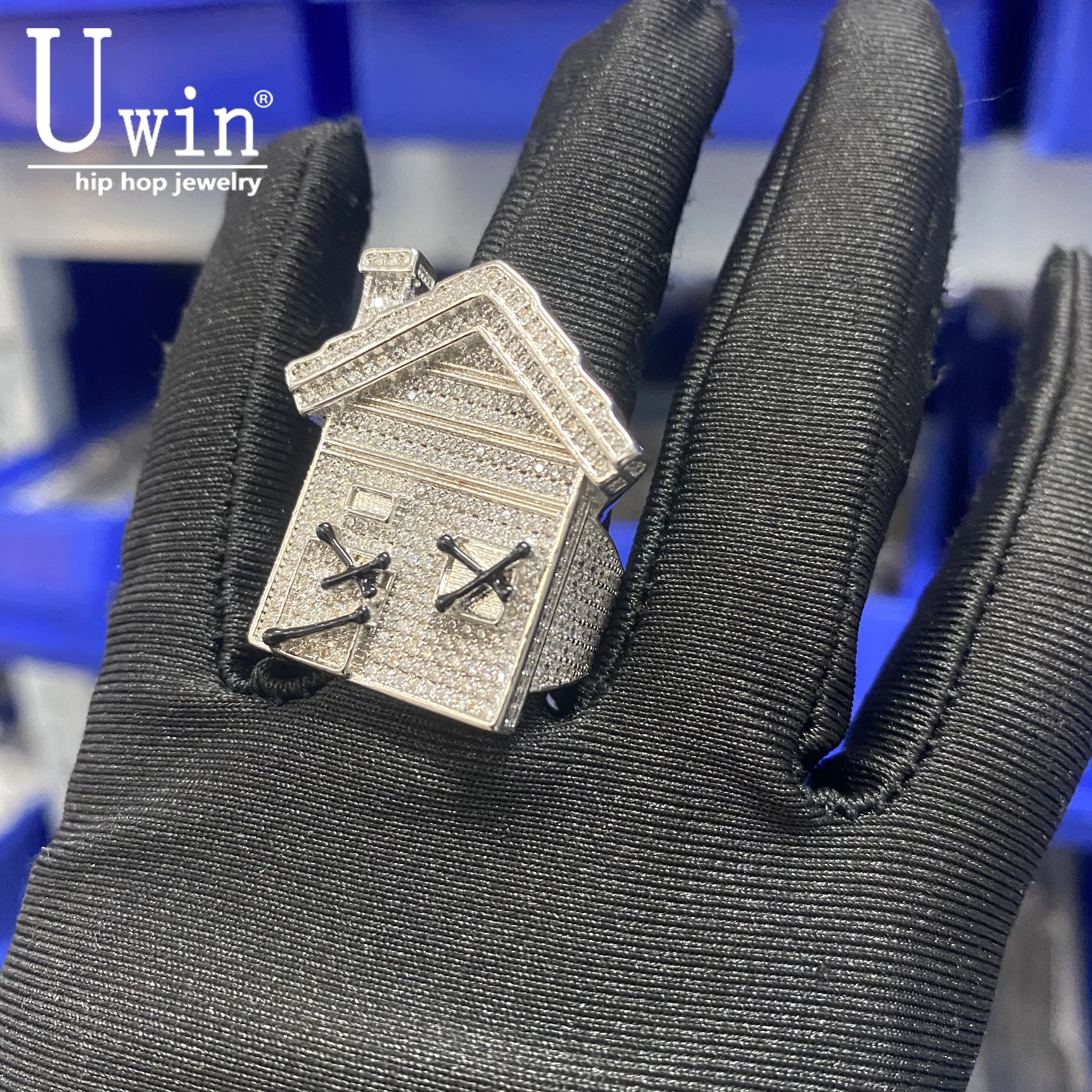 Uwin masculino punk 3d casa forma anéis gelados zircônia cúbica grande anel pesado hiphop jóias para presente de festa