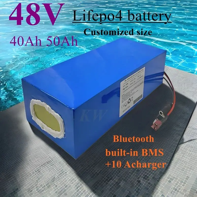 

Batterie au lithium Lifepo4, 48V, 50Ah, 40Ah, Bluetooth BMS, 16S, 2000W, pour scooter, vélo, tricycle, bateau, Go Cart, chargeur