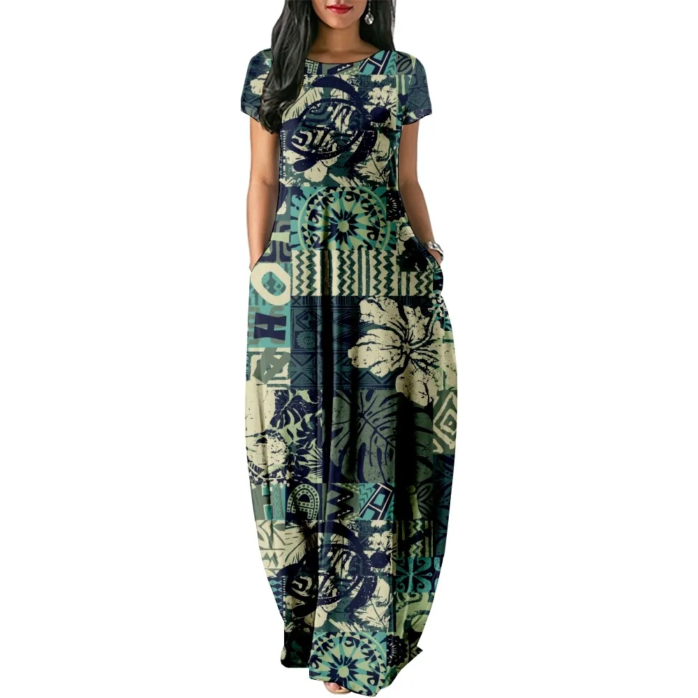 Robe longue imprimée à fleurs hawaïennes pour femmes, tenue décontractée à manches courtes, ample, Double poche, vêtements de plage, vacances