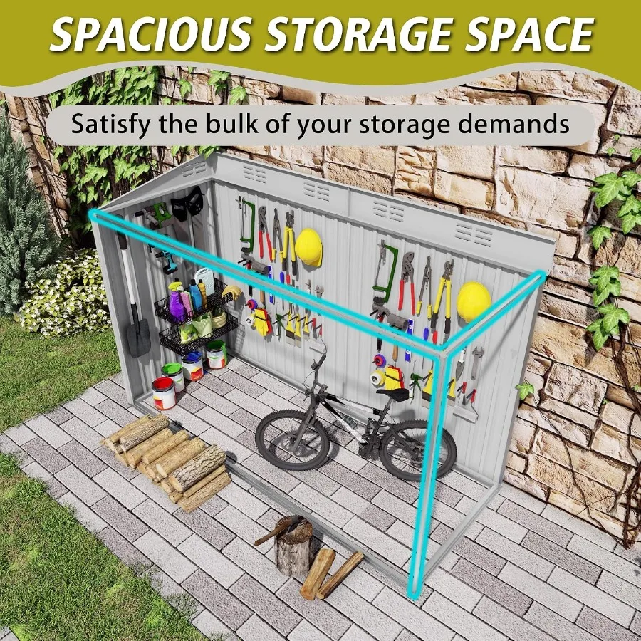 Feet Metal Lean-to Shed with Window Lockable Door for Outdoor Storage, Galvanized Steel, Gray, Rust-Resistant and Weatherproof