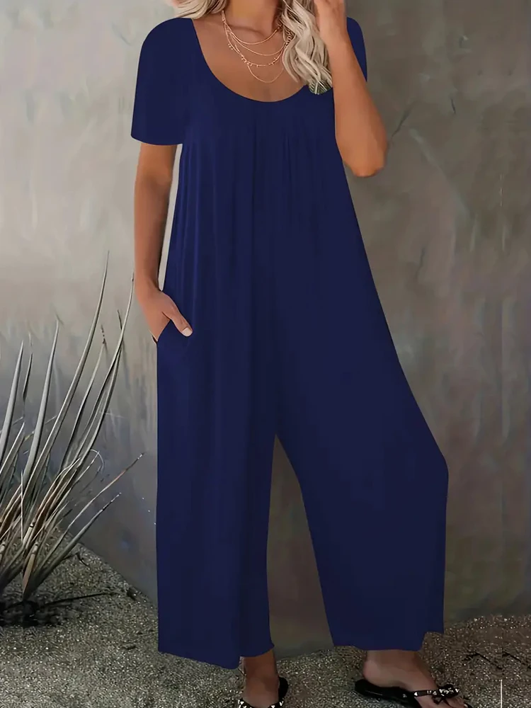 Summer Chic Solid Casual Pockets Jumpsuit Crew Neck Short Sleeve Wide Leg Long Pant Versatile Outfit Plus Size Women\'s Clothing