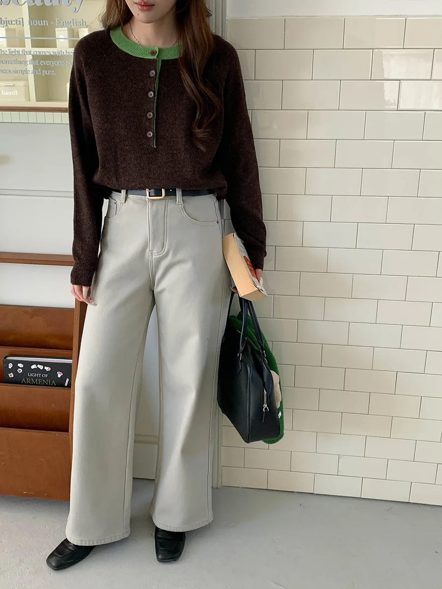 เสื้อสเวตเตอร์ทรงสลิมแบบสองชิ้นปลอมคอเฮนลีย์บล็อกสี