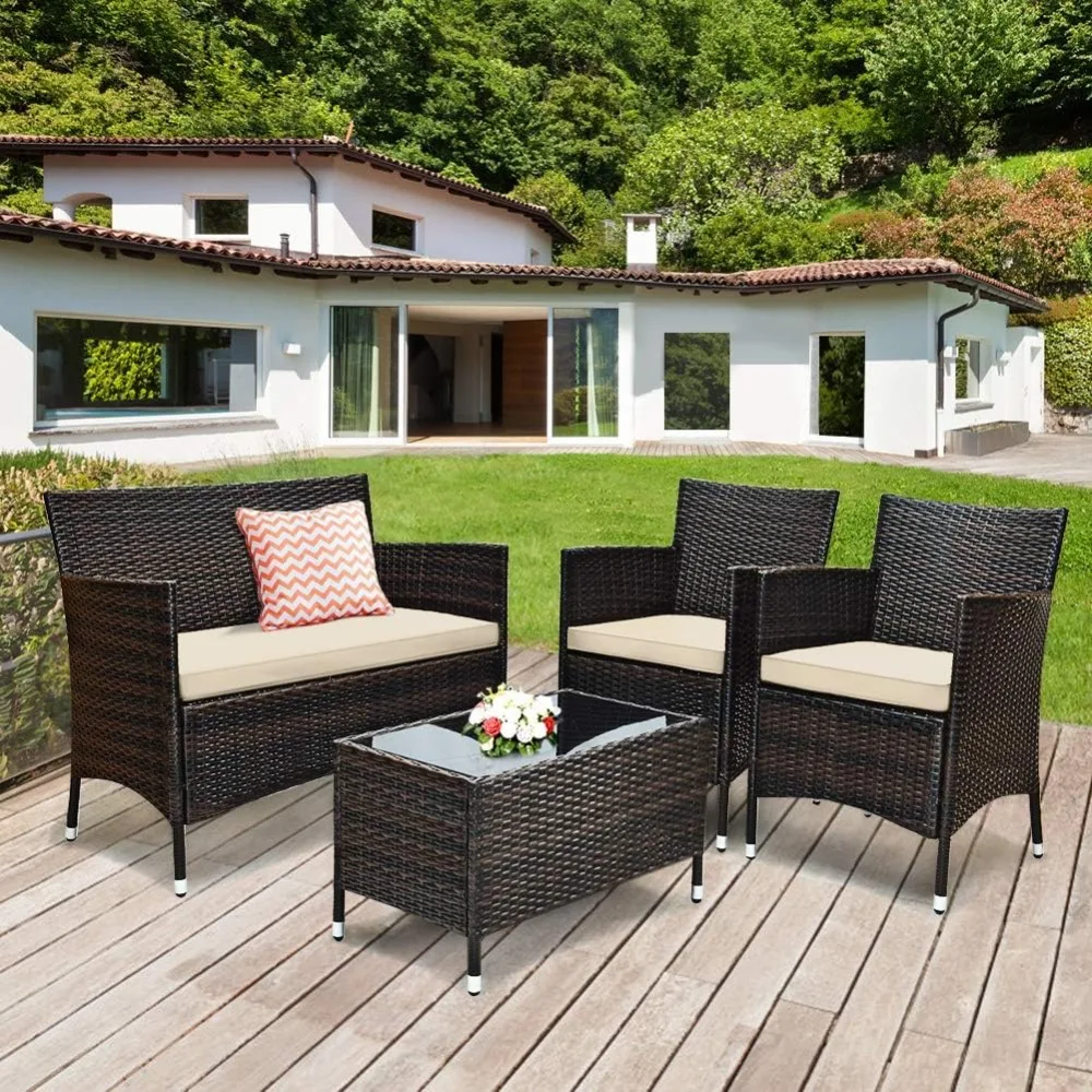 

4-piece outdoor courtyard furniture set, rattan conversation set, sofa rattan chair, glass coffee table