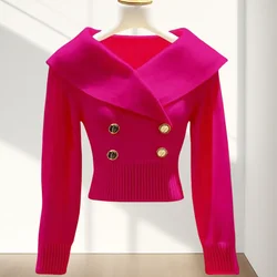 Solid Color Small Fragrant Lapel Sweater Coat Women Spring Autumn Knitted Cardigan Short Tops Button Design Cropped Cardigan New