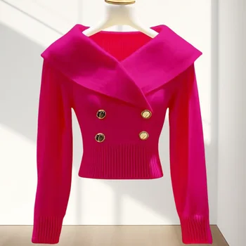 Solid Color Small Fragrant Lapel Sweater Coat Women Spring Autumn Knitted Cardigan Short Tops Button Design Cropped Cardigan New