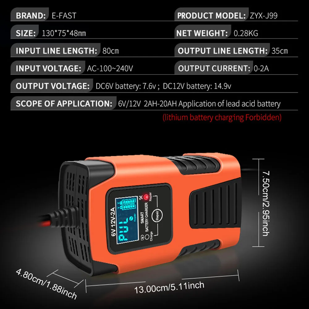 EU Plug 100V/240V Input 6V 12V 2A For Lead Acid AMG Battery Inteligent Repair Car Motorcycle Battery Chargers Universal 30W