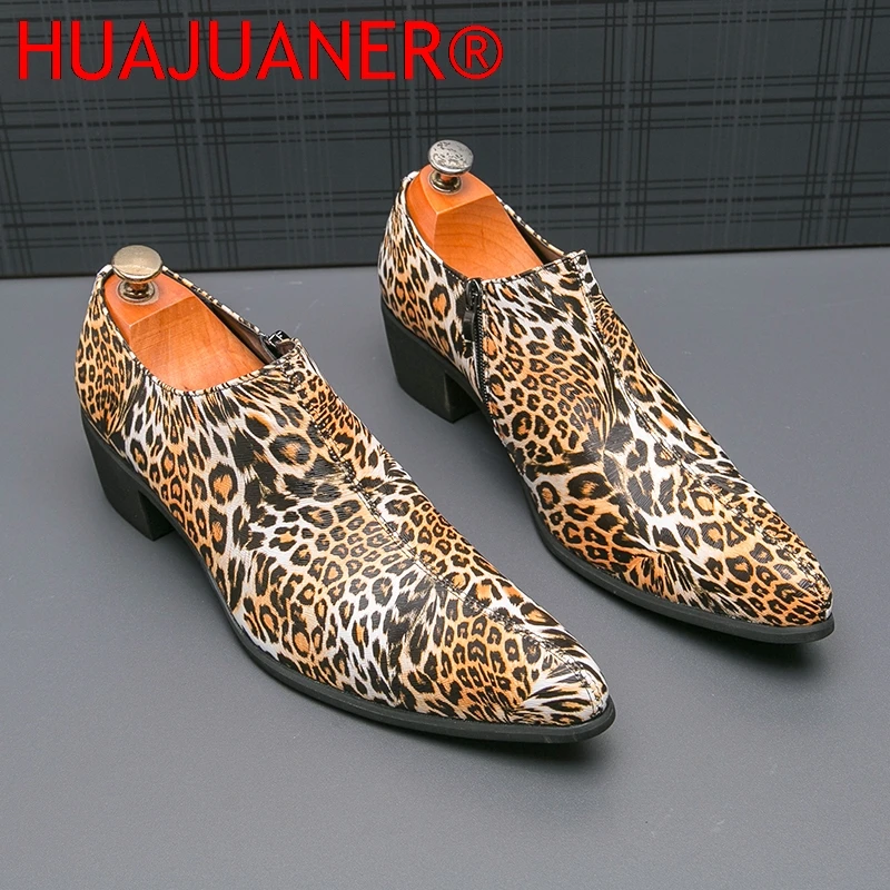 

2026 Fashion Party Banquet Men's Comfortable High Heels Tall Leather Shoes Spring New Style Side Zipper Pointed Block Shoes