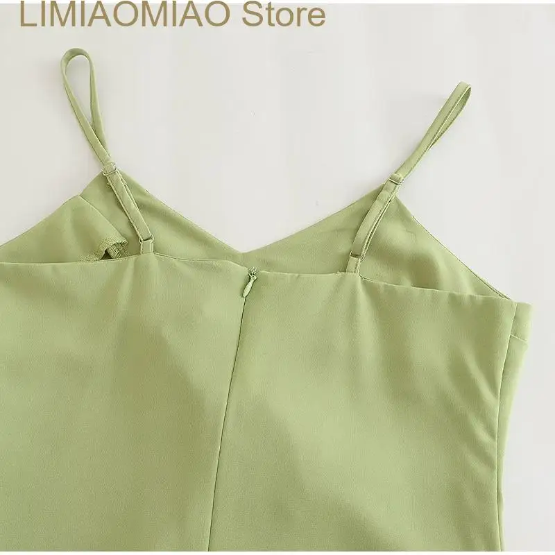 New Green Ruffle Slip Dress Women Sexy V-neck Sleeveless Long Dresses Female Summer Fashion Slim Zipper Ladies Vestidos