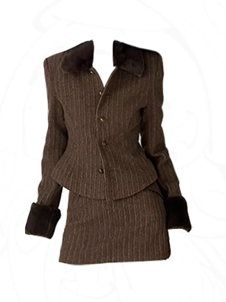 Fall Winter Women French Old Money Maillard Office Lady Elegant Outfits 2 Piece Set Single-breasted Striped Jacket + Mini Skirt