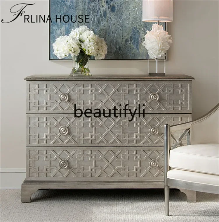XZQAmerican light luxury entrance cabinet, solid wood entry living room, simple drawer storage locker customization