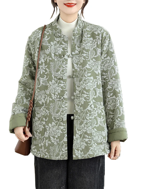 High-End Women's Retro Chinese Sle Jaet with Button Embroidery Loose Stand Collar Double-Breasted Cotton Coat Outerwear