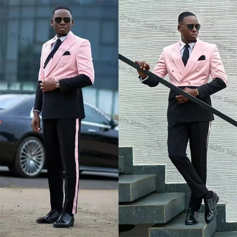 

Pink Black Men Suits Set 2 Pieces Blazer+Pants Custom Made Formal Business Jacket Wedding Tuxedo Office Male Splicing Color Coat