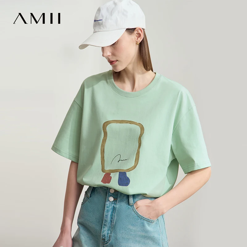 

AMII Minimalist Summer T-shirts Women Casual Short Sleeve O Neck Print T-Shirt Female 2025 New Fashion Loose Tee Tops 12542182