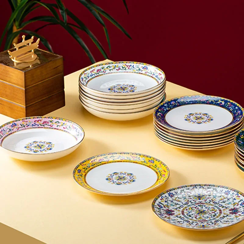 Light Luxury Enamel Ceramic Plate high-end dining table Gold stroke Deep Plate Spaghetti Western Dining plate salad dishes