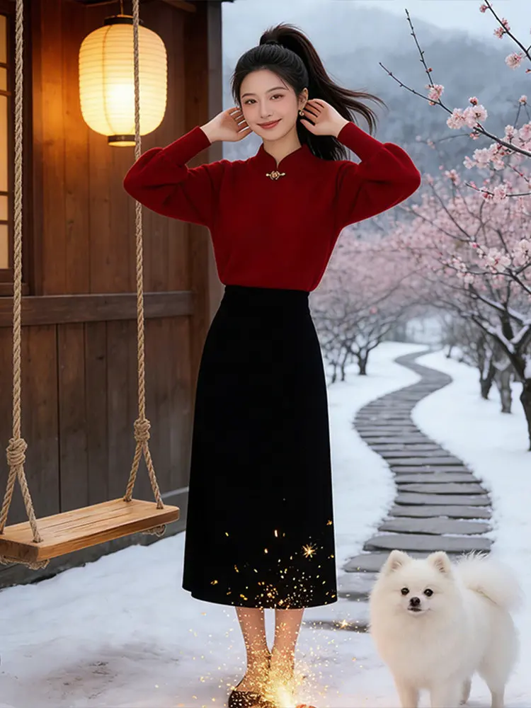 

Ele Red Knitted Sweater New Chinese Sle Stand Collar Button Women's Winter Faionable Top Ladies Premium Knitwear