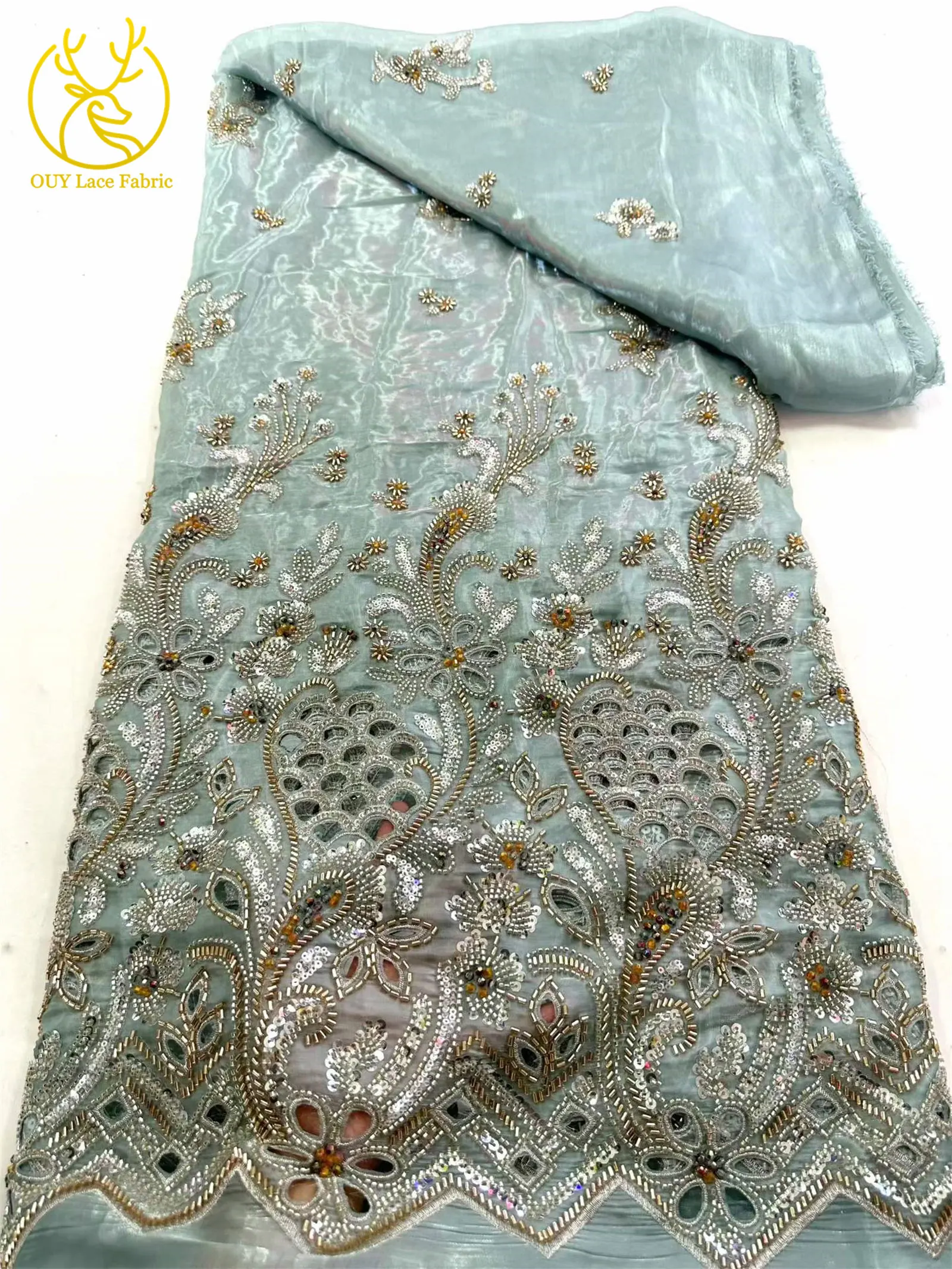 Neueste Afrikanische Schwer Verzierte Spitzenstoffe 5 Yards Nigerianische Schweizer Perlen-Pailletten-Spitze für Bräutigam-Kleider und Damenkleider zum Nähen – Detail 10