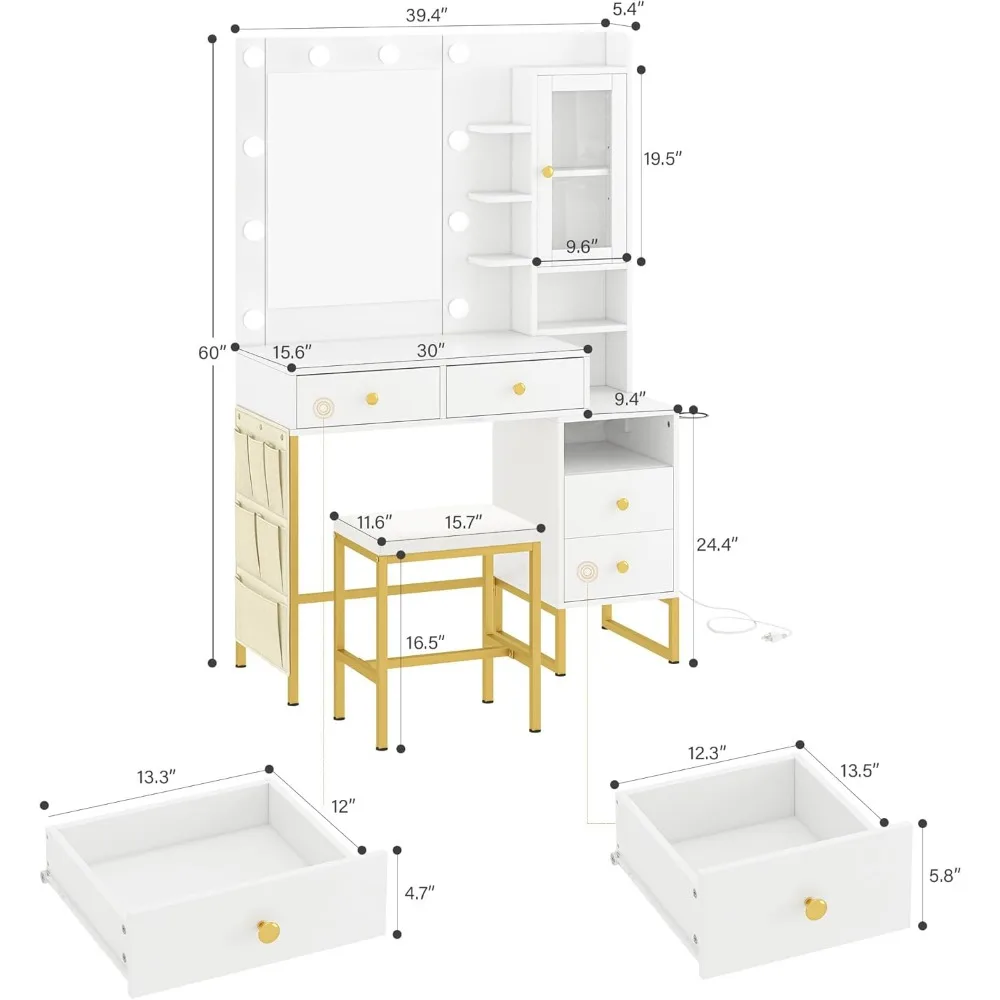 Dressing Table with Mirror and 10 Lights, 3 Color Brighter Bulbs, Set Large Drawers and Charging Station in The Bedroom