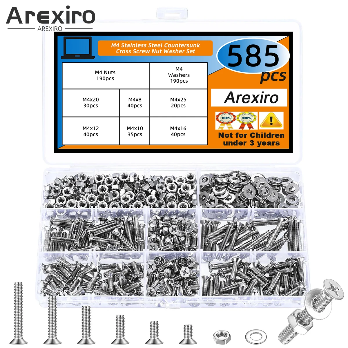 

585Pcs M4x8/10/12/16/20/25mm Cross Flat Head Stainless Steel Screw and Nut and Washers Set