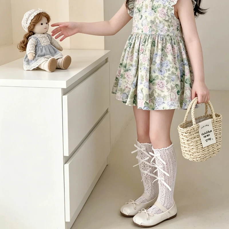 Three Cute Decorative Bows Hollow Out Mesh Knee Stockings Light Thin Lolita Girls Socks Stretch Breathable Comfortable Leggings