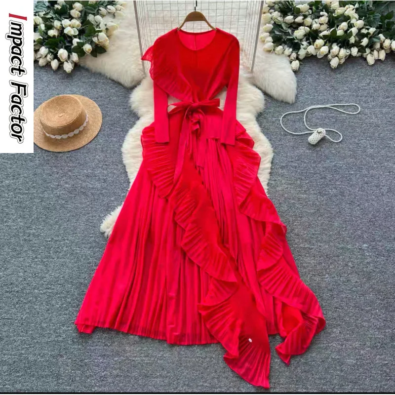 miyake-robe-femmes-2025-nouveau-design-sens-irregulier-tridimensionnel-bord-a-volants-sangle-taille-plissee-jupe-longue