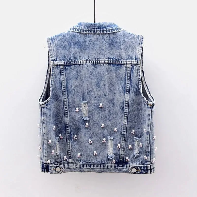 2024 Student Vest Slim Short Jacket Embroidery Flowers Sleeveless Denim Vest Women\'s Beaded Waistcoat Hole Jeans Vest Coat Girl