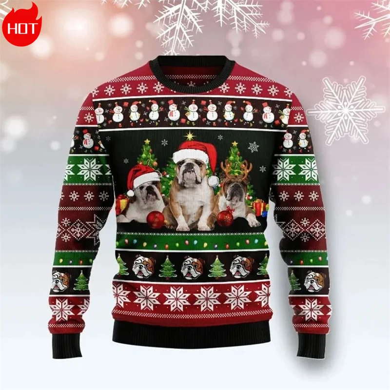 3D Cute Bull Dogs Merry Christmas Printed Sweatshirts Christmas Trees Graphic Ugly Christmas Sweater Funny Streetwear Clothing