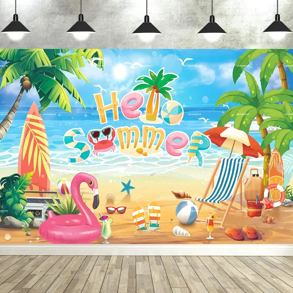 

Hello summer, beach dance flamingo banner background, summer beach photos, school year party photography studio background props