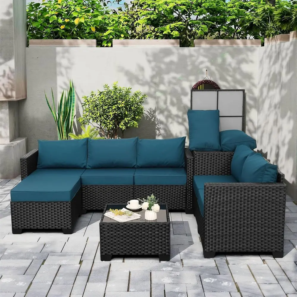 

5-Piece Black Wicker Outdoor Sectional with Storage, Glass Table, Cushions & Covers, Peacock Blue