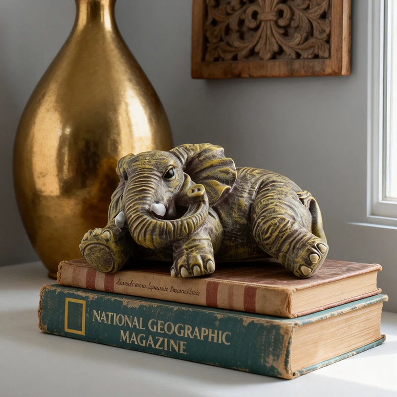 Vintage Antiqued Brown Textured Resin Feng Shui Lying Elephant Statue Home Entryway Living Room Tabletop Decor Figurine