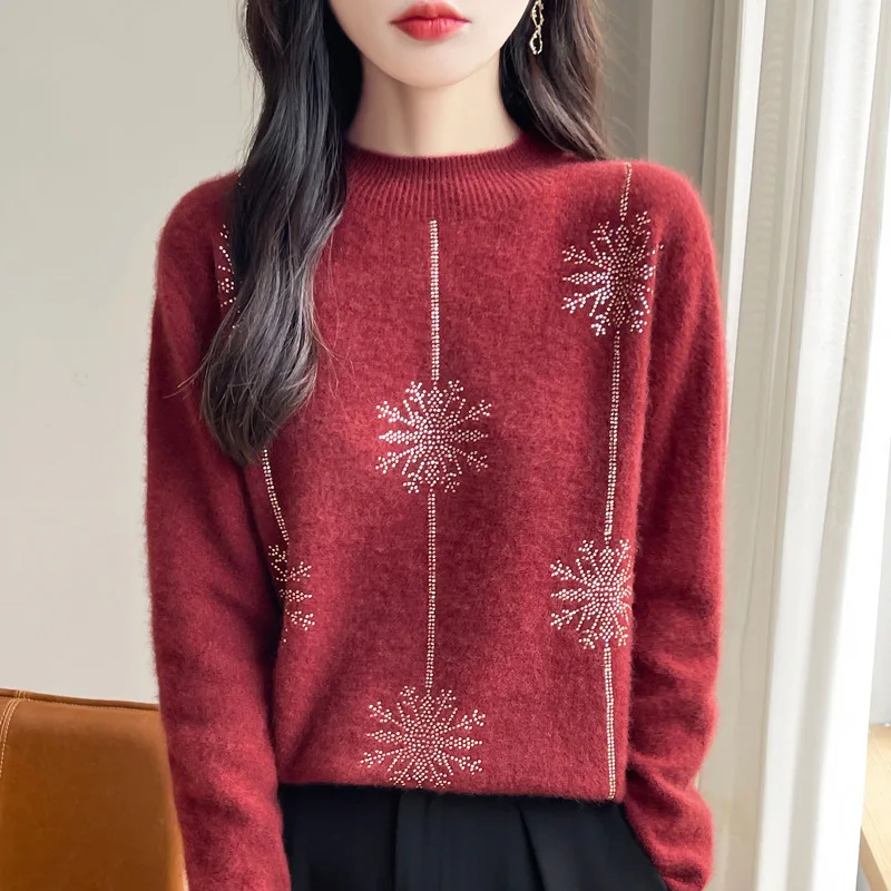 Women's Half Turtleneck Knit Sweater Snowflake Rhinestone Andy Fleece Loose Pullover Base Top