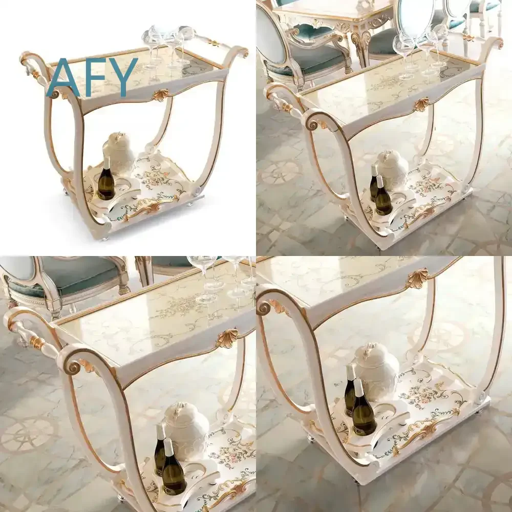 2 Tier Wooden Bar Service Cart for Hotel Kitchen Trolley with 4 Wheels for European Restaurant Drink Cart for Commercial Use