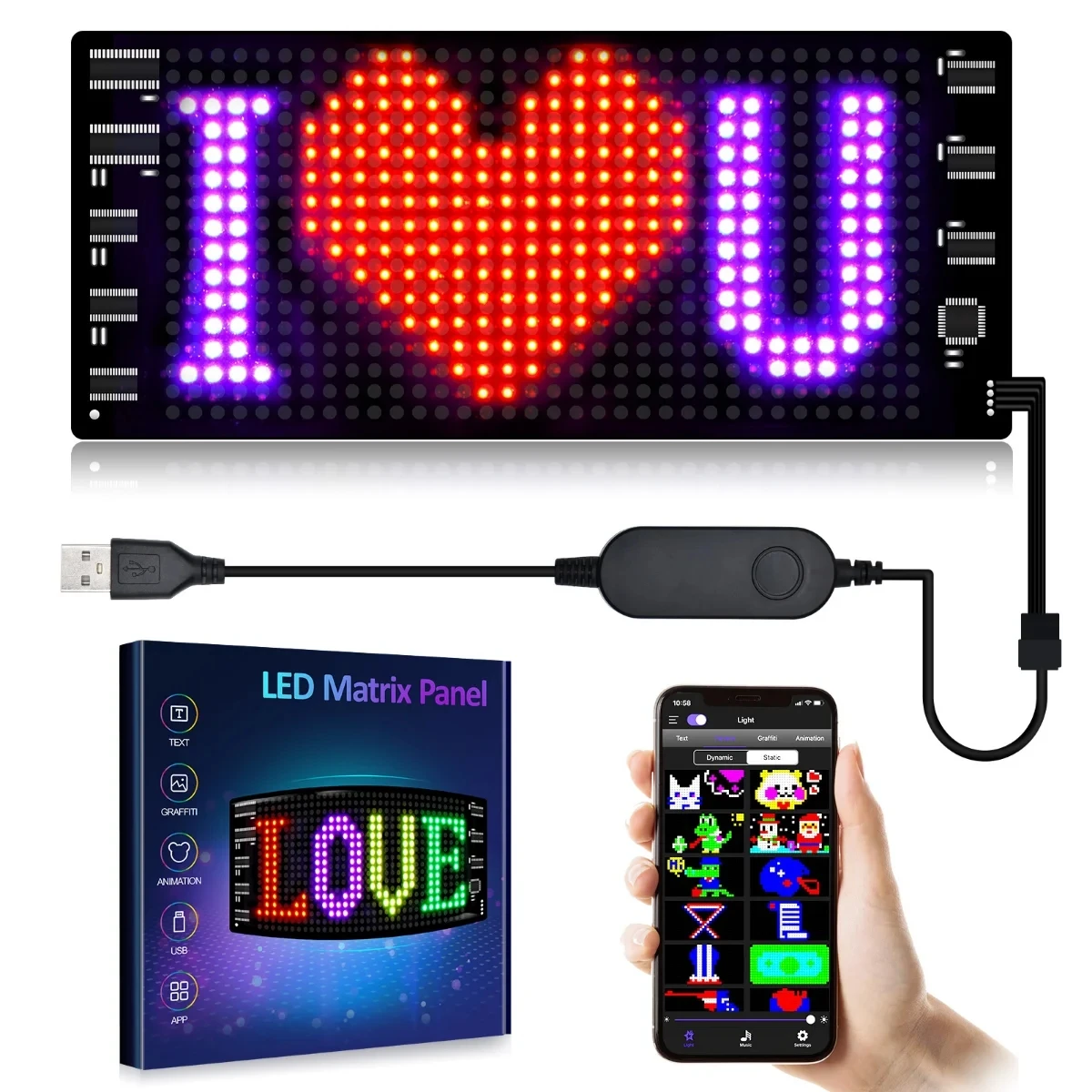 Letreros de visualización de píxeles LED programables, letrero LED, patrón de texto DIY, animación, desplazamiento, pantalla LED para decoración de mochila de coche/tienda