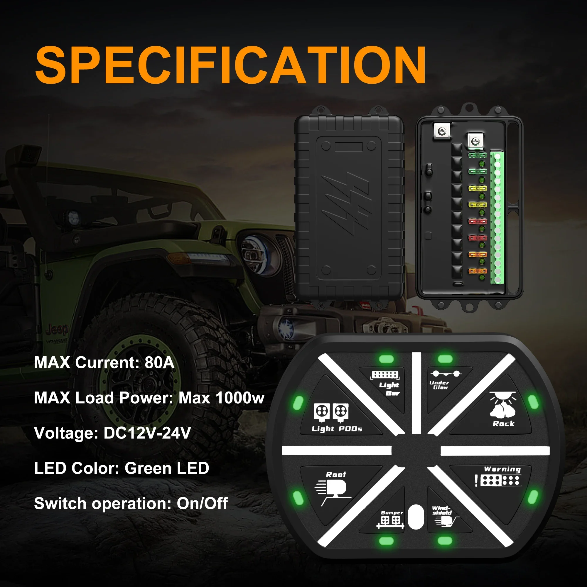 8 Gang Switch Panel Green LED RFB Road High Power Integrated Controller 80A Circuit DC12-24V Control Switch Panel With Wireless