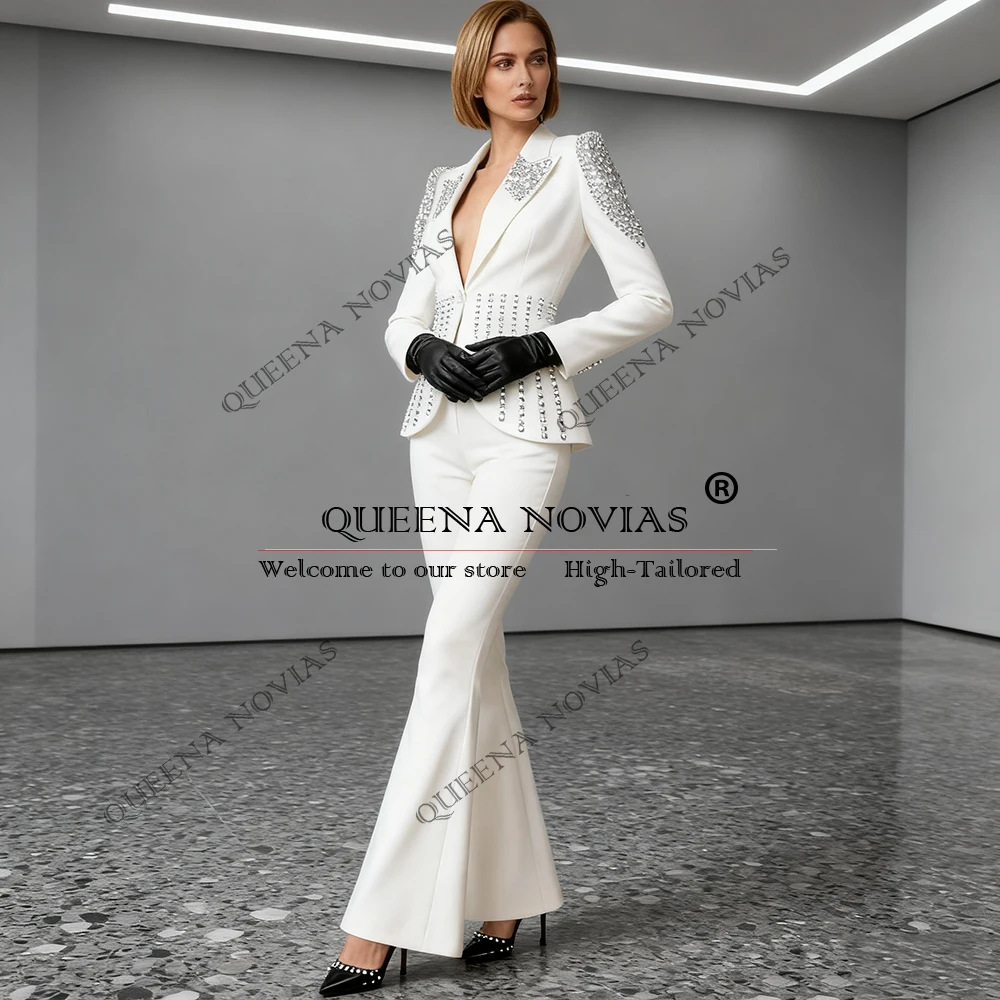 Elegant Ivory Women Pants Suit 2 Pieces Sets Sliver Beaded Lady Blazers Customized Bride's Mother Dresses Lady Banquet Attire