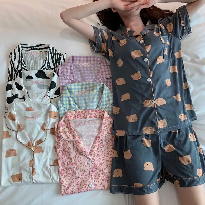 New Four Seasons Short-sleeved Shorts Pajamas Ms. Japanese Small Fresh Plaid Pajamas Ms. Loose Comfortable Home Wear Ms. Suit