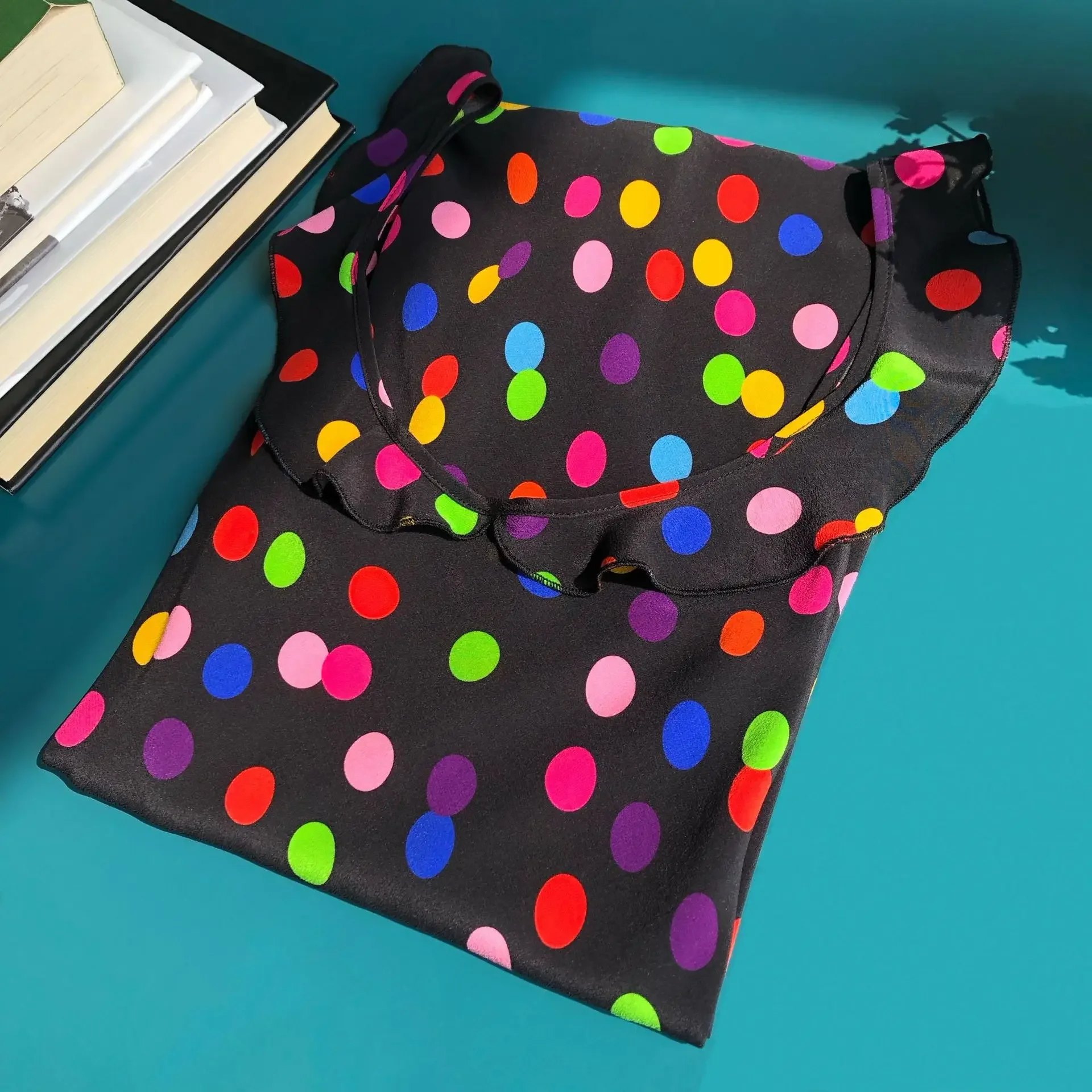 Colorful Polka Dots, French Printed Diagonal Cut Silk, Small Flying Sleeves, Large Hem Dress, Elegant Suspender Long Dress