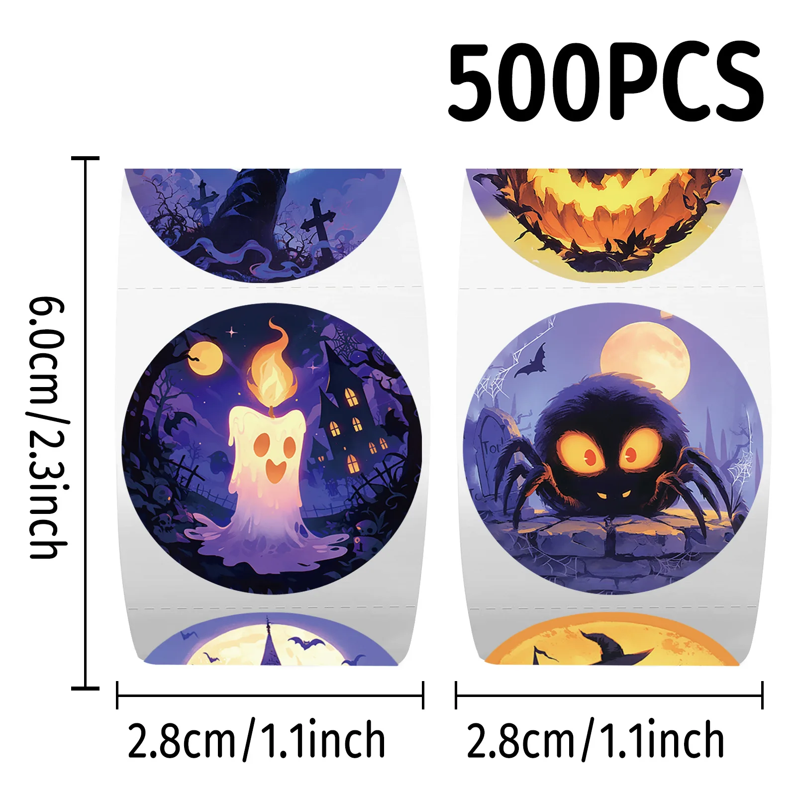 500Pcs/Roll Cute Dark Halloween Round Stickers Pumpkin Ghost Black Cat Bat Castle Journal Candy Gift Sealing Decor Stationery