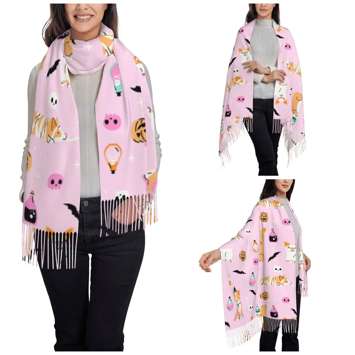 Halloween Corgi Dog Shawl Wrap Womens Winter Single-sided Pattern Scarf Bat Pumpkin Neckerchief Tassel Scarves