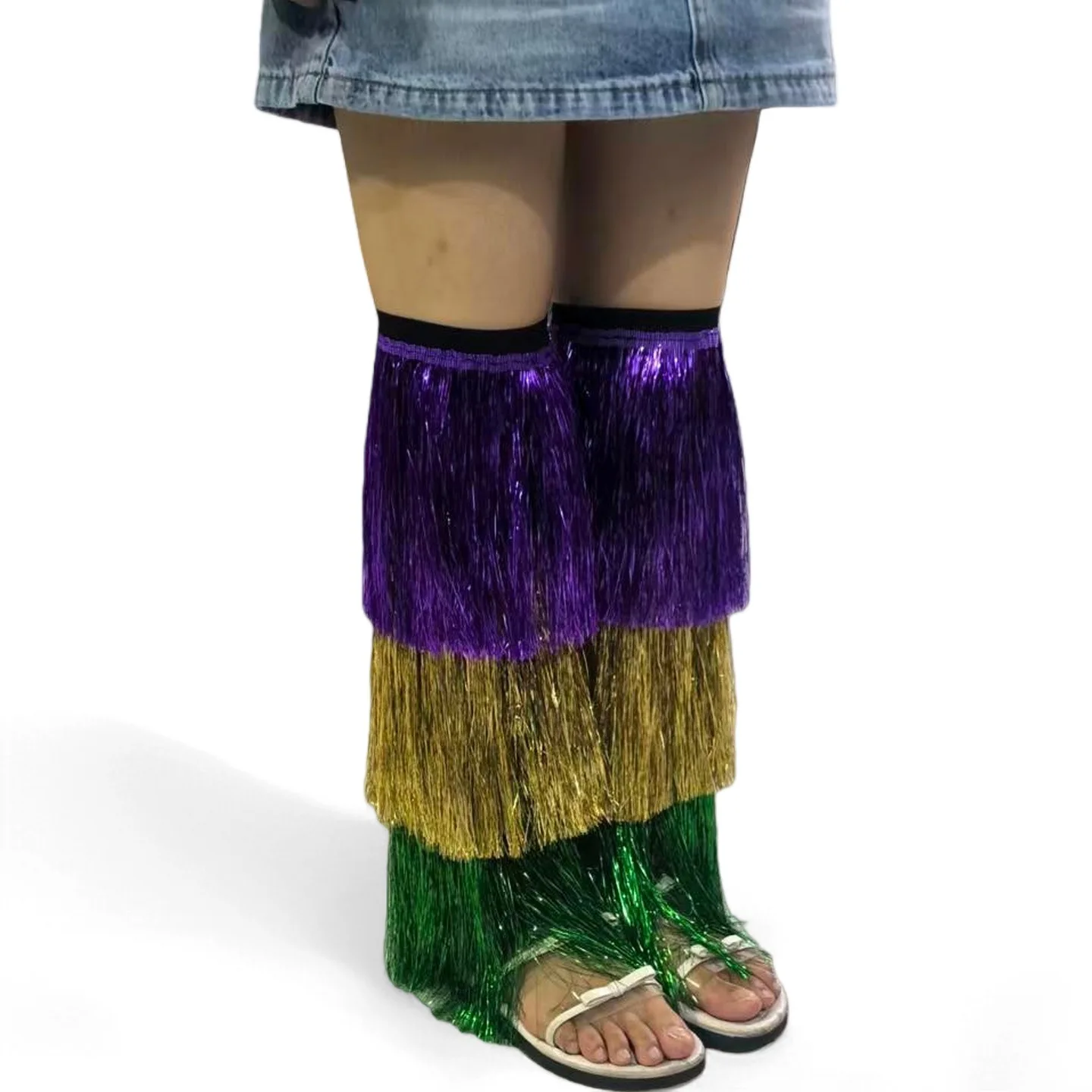 Aquecedores de pernas de carnaval para homens e mulheres, borlas metálicas, mangas de contraste, acessórios de fantasia para festa, clube, palco