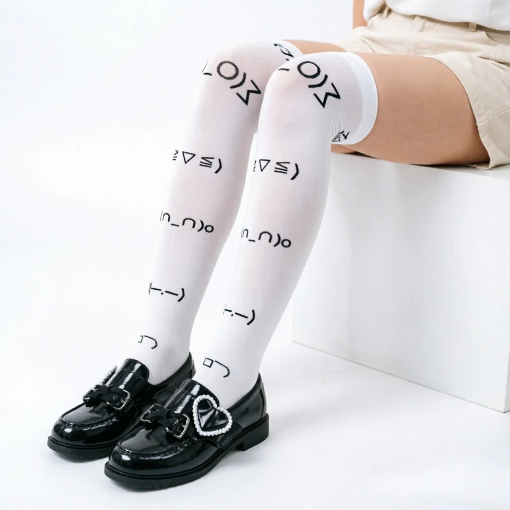 White Graffiti Letter Print Over Knee Socks Harajuku Kawaii Emoticon Thigh High Stockings Y2K Cute Cosplay Leg Warmers Women